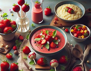 Gazpacho de fresas, Pisto de tomate, Risotto y Cake pops